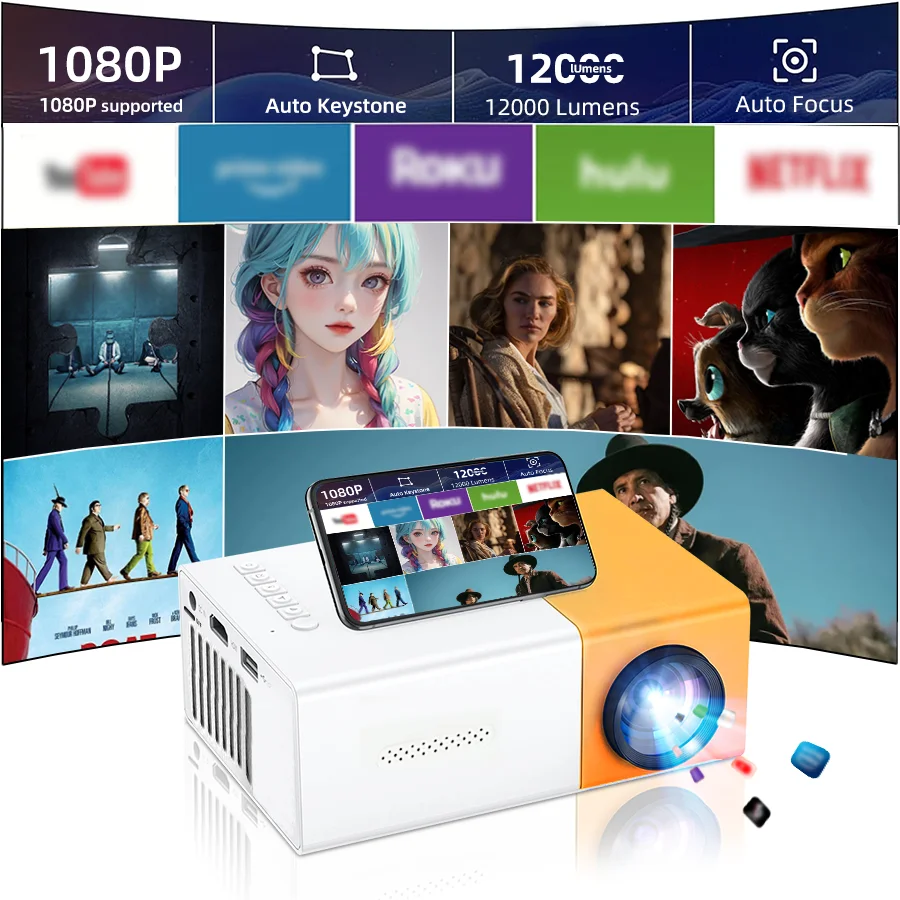 Portable new home projector, support 1080P, immersive home theater, suitable for home/outdoor/office, compatible USB/HDMI/AV