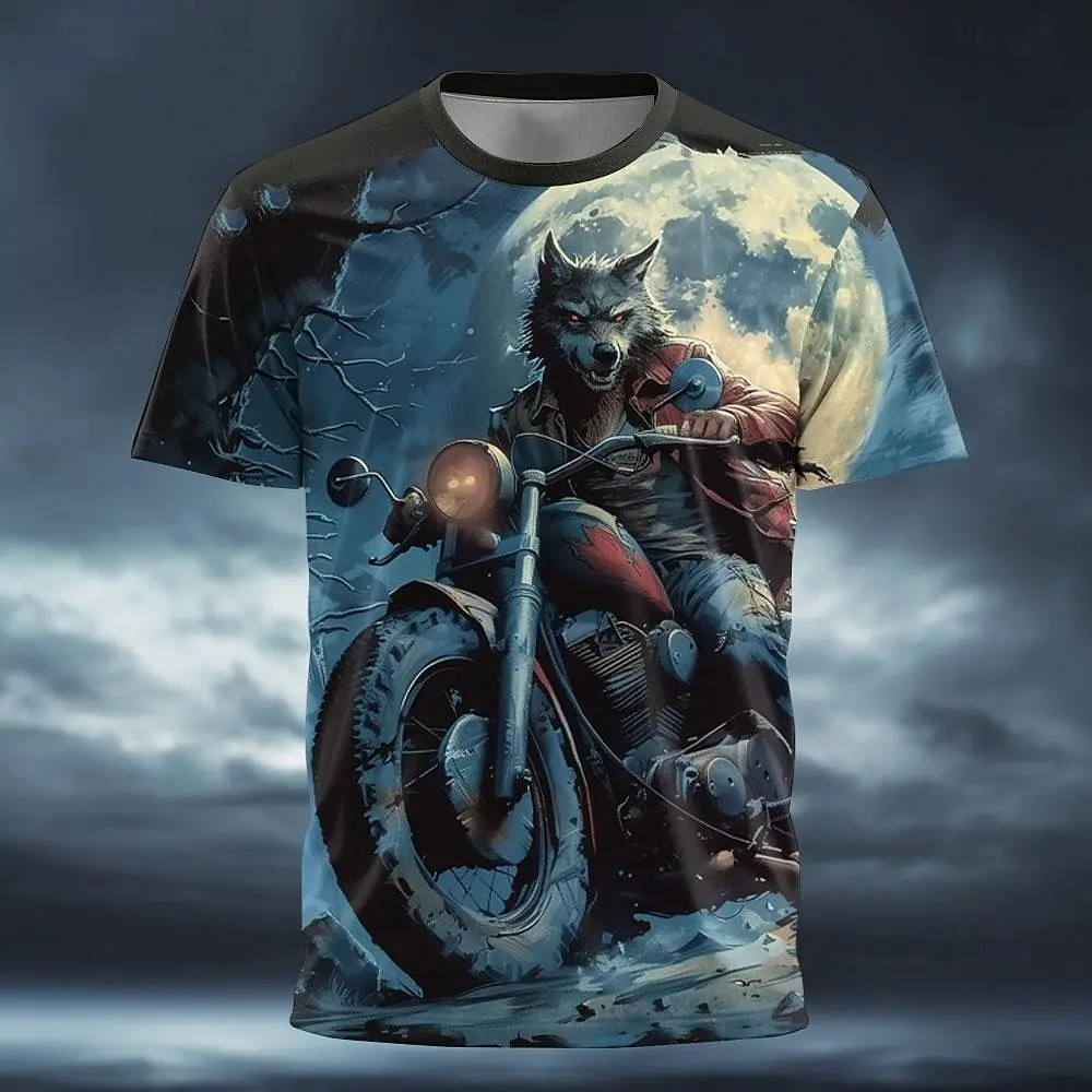 Funny Werewolf Print T Shirt For Men Fashion Motorcycle Pattern Oversized Short Sleeve Summer Streetwear Casual O-neck Trend Top