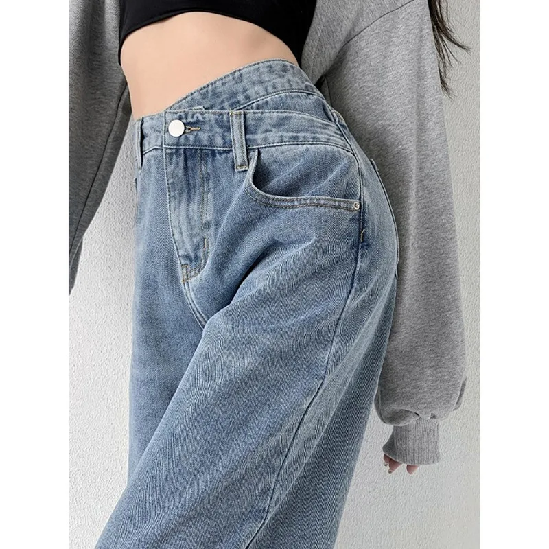 Women's Trendy Wide Leg Jeans Retro Crossbody High Waist Slimming Denim Straight Long Pants