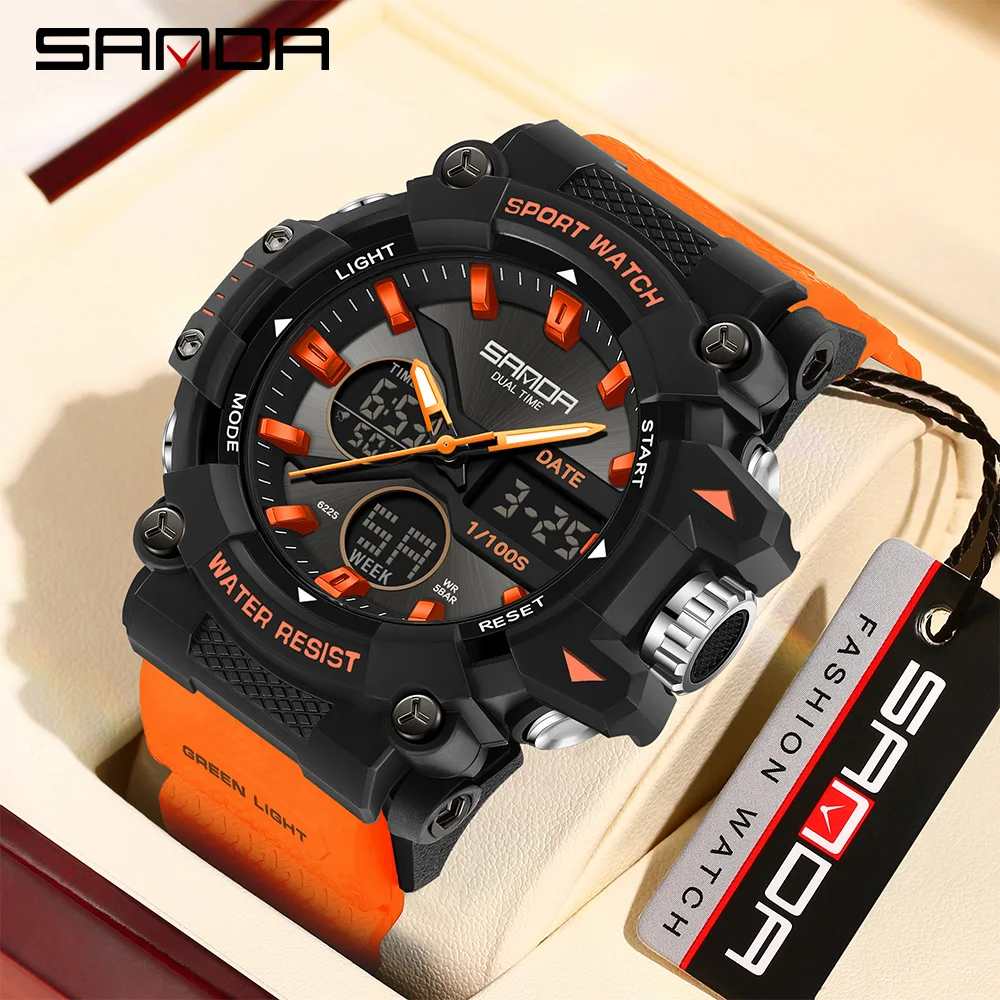 SANDA 2024 Fashionable Men's Cool Night Light Dual Screen Multi functional Sports Waterproof Men's Electronic Watch 6225