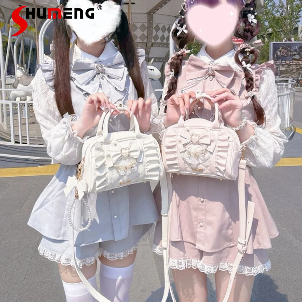 

2026 Summer Original Japanese Subculture Sweet Girl's Lolita Pink Princess Handbag Bow Pearl Chain Shoulder Crossbody Bag Women