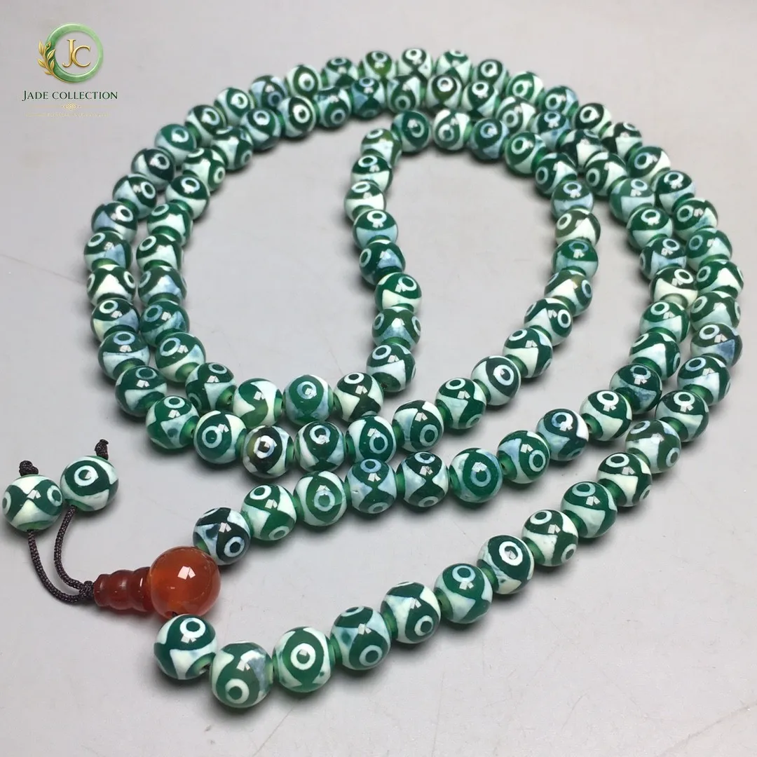 Tibetan Natural Green Old Agate DZi Heaven Earth Beads Amulet Necklace S0618