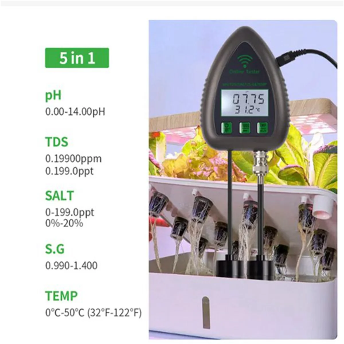 US Plug,WiFi Bluetooth 5 in 1 Water Quality Tester TDS/EC/SALT PH S.G.TEMP Digital Water Monitor for Aquariums-Green