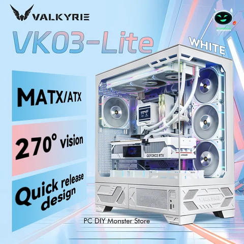 VALKYRIE VK03 LITE 화이트 ATX 게임 PC 데스크탑 케이스 – 360° 수냉 시스템 지원 및 양면 분리형 디자인