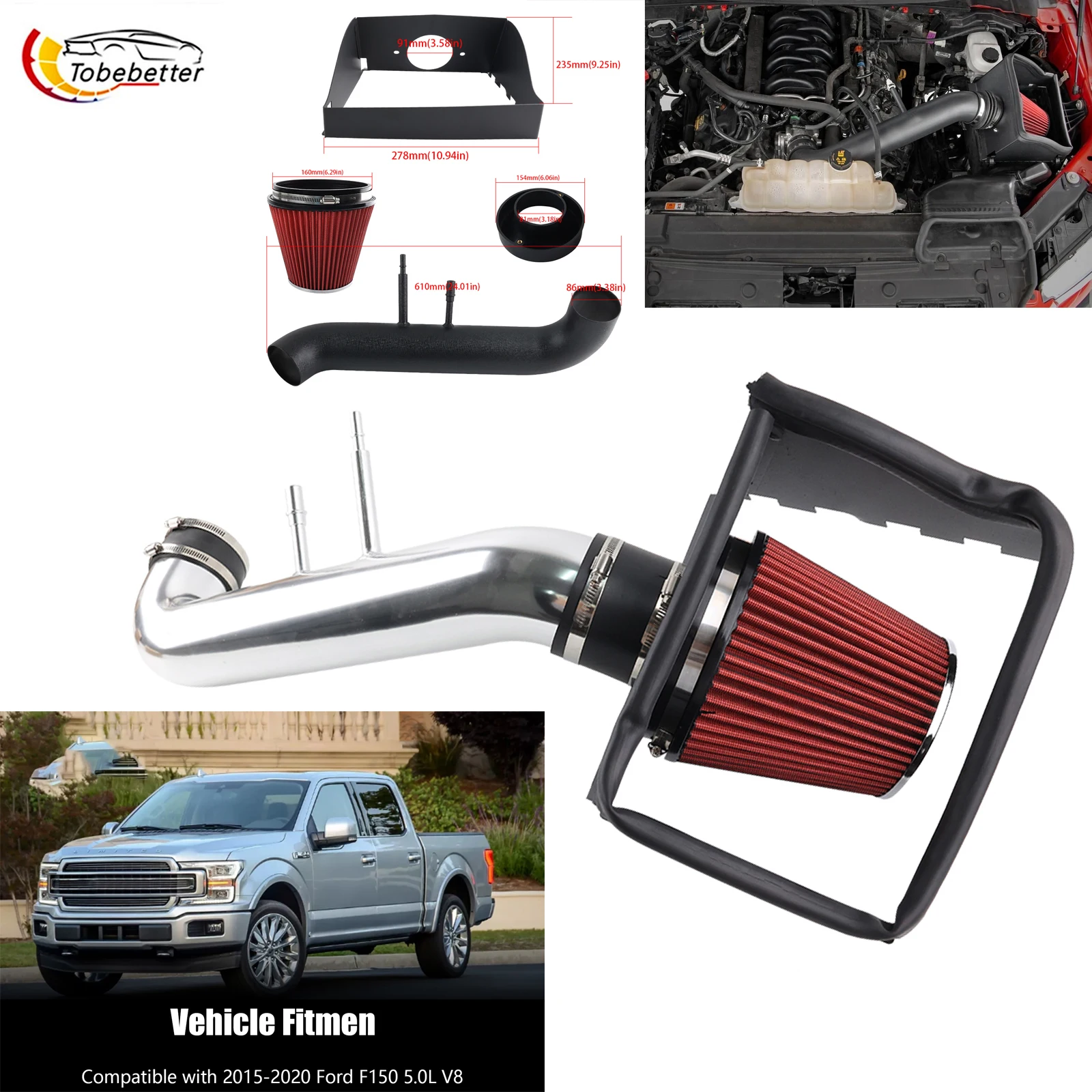 Performance Cold Air Intake Heat Shield Power Filter for 2015-2020 Ford F-150 5.0L V8 engine cool Delivery