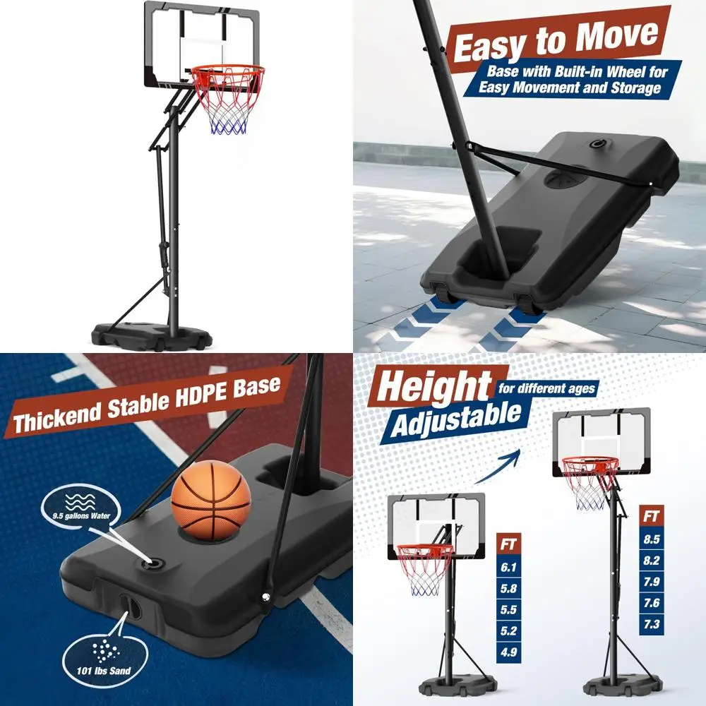 Портативная регулируемая баскетбольная система для детей: высота 4,8–10 футов, 45-дюймовая небьющаяся панель, уличные ворота