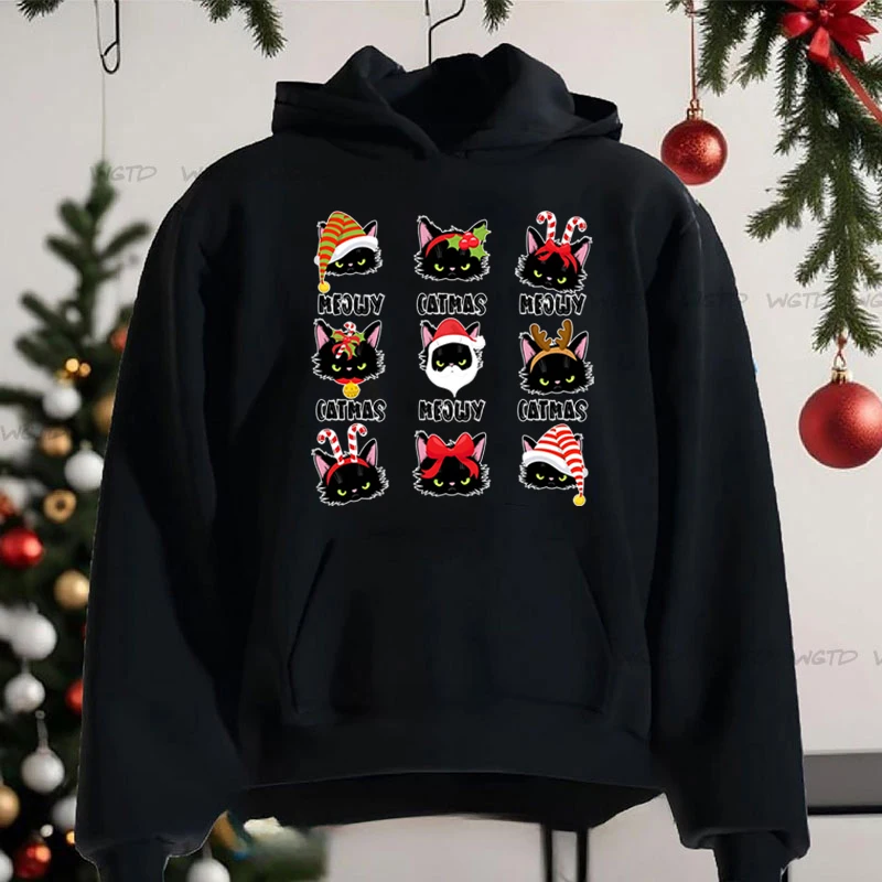 Merry Christmas Hoodie Women Casual Cartoon Meowy Catmas Cat Graphic Clothes 2025 New Year Vacation Xmas Gifts Sweatshirts Hoody