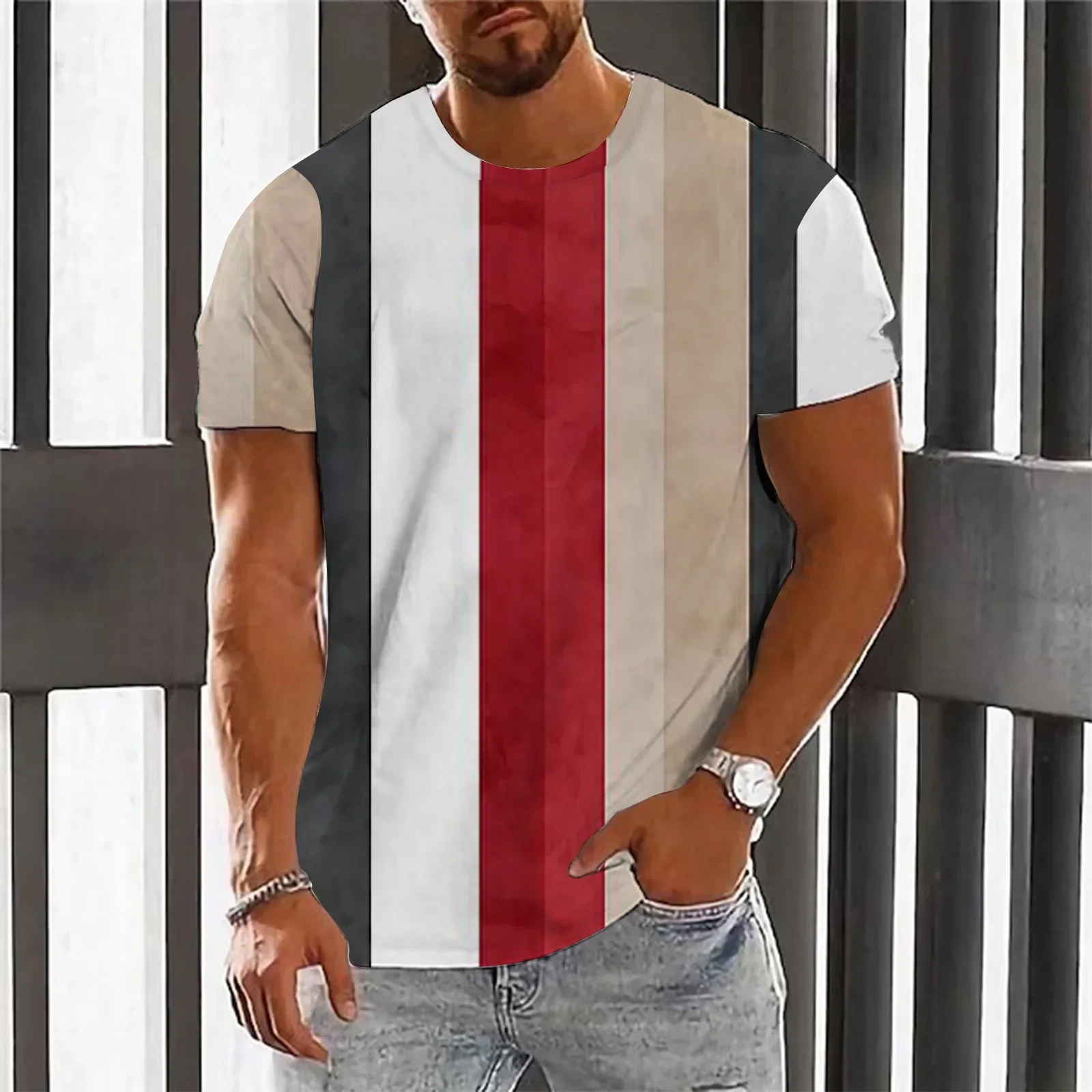 Unique Striped Print Men\'s T-shirt Summer Leisure Comfortable Movement Luxury Brand Short Sleeve Tshirt T-shirts for Men Tops