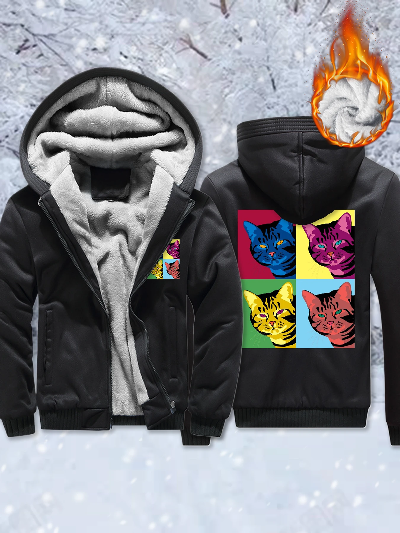 

Мужская утепленная куртка с ярким котом и четырьмя дворцовыми сетчатыми принтами, зимняя одежда на молнии, универсальная повседневная уличная одежда, флисовые свободные пальто