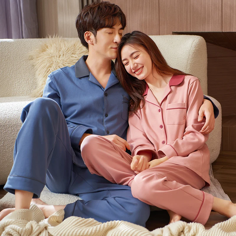 Lovers Cardigan Pajamas Solid Color Pajamas Sets Full Pure Cotton Sleepwear Long Sleeve Tops + Long Pants Home Clothing Pyjamas