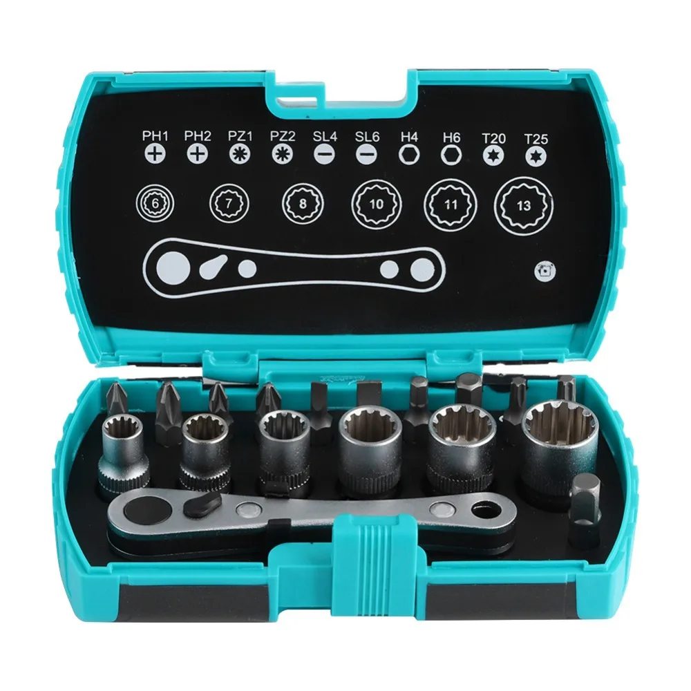 18PCS 1/4in Size Ratchet Wrench Set Storage Box Included Multifunctional Screwdriver Bit Set Universal Multifunction Car Tool