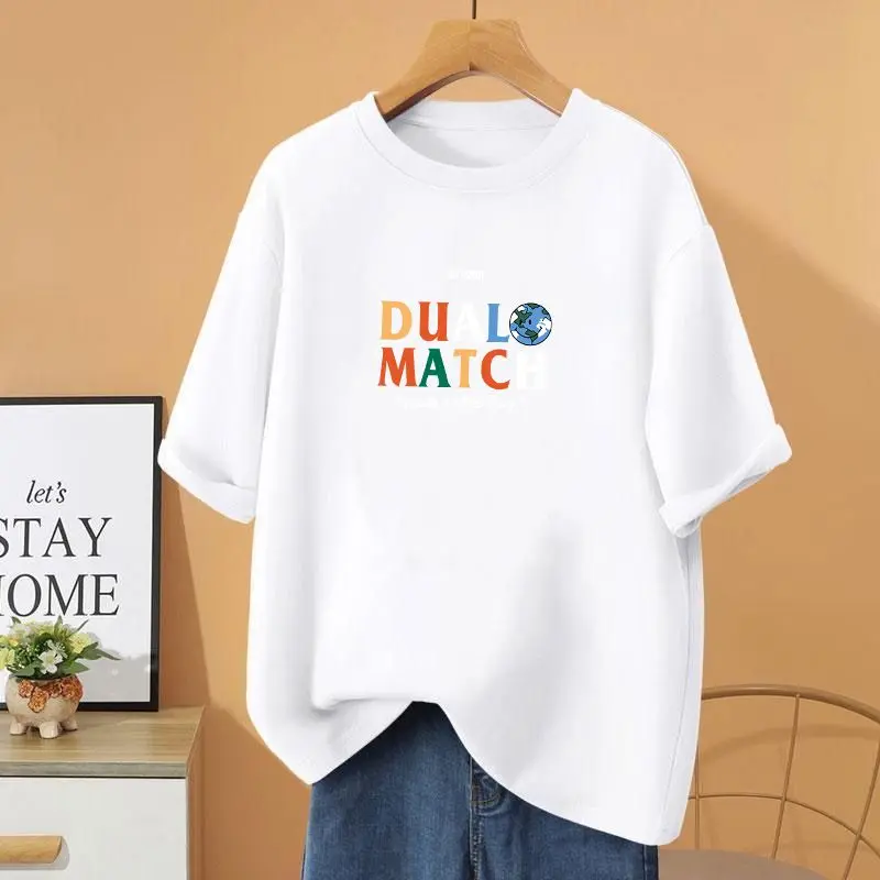 

Women Clothing Cartoon Letter Printed Top Tee, 100% Cotton O-neck Basic Pullovers, Summer Casual Loose Fashion T-shirt