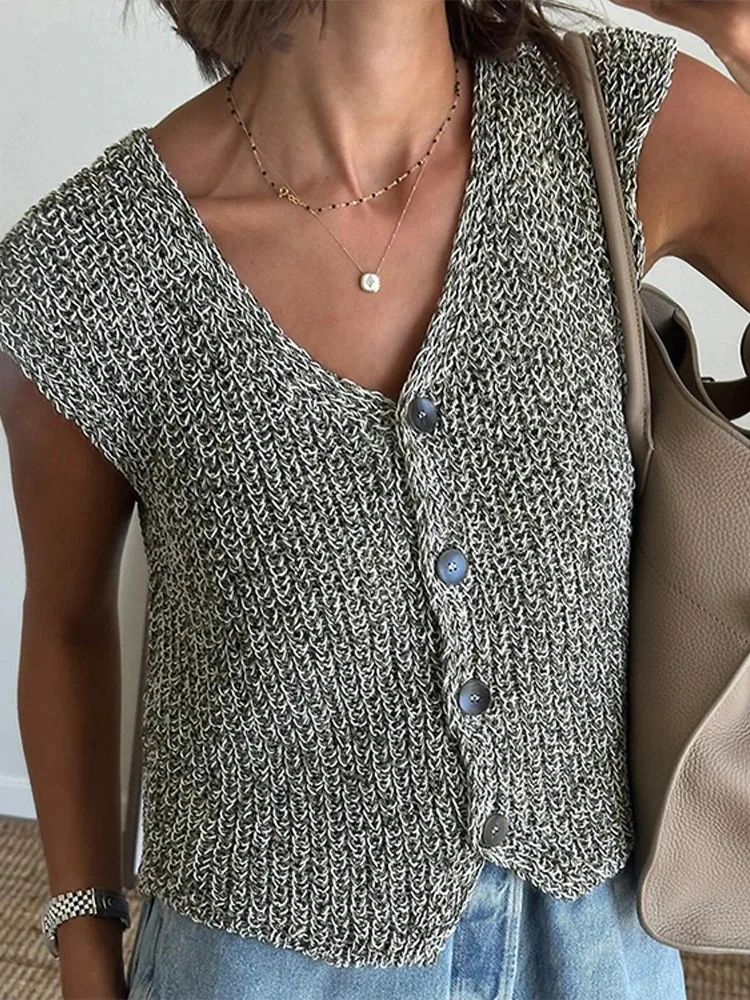 Top corto informal ajustado sin mangas con una hilera de botones y cuello en V para mujer, chaleco de punto elegante para mujer, prendas de vestir a la moda 2024