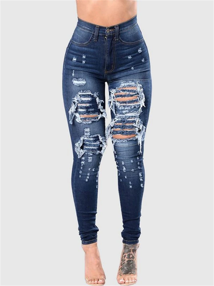 

Women's Perforated Design Slim Fit Sexy Jeans Cool Girl High Waisted Streetwear High Waist Pants Female Skinny Denim Trouser