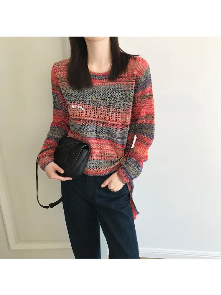

Orange Hollow Knitted Sweater Women's Loose Fit mat Sle Bright Color Series Autumn New Arrival Slimming Design