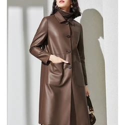 Women's Sheepskin Coat Autumn Winter Exquisite Small Lapel Single Breasted Medium and Long Loose Slim Coffee Leather Jackets