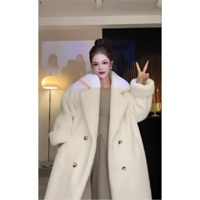 Thickened and lengthened suit collar overcoat fleece fur mixed coat for women with cotton