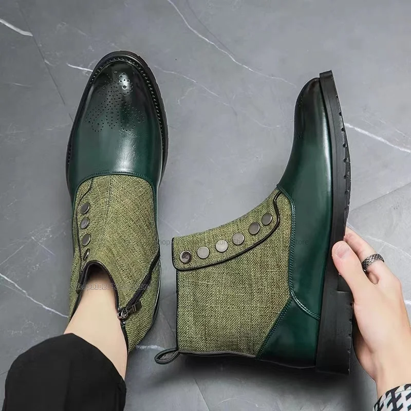 

Button Decor Green Canvas Patent Leather Ankle Boots Side Zipper Height Increasing Men Shoes Fashion Casual High Top Men Shoes