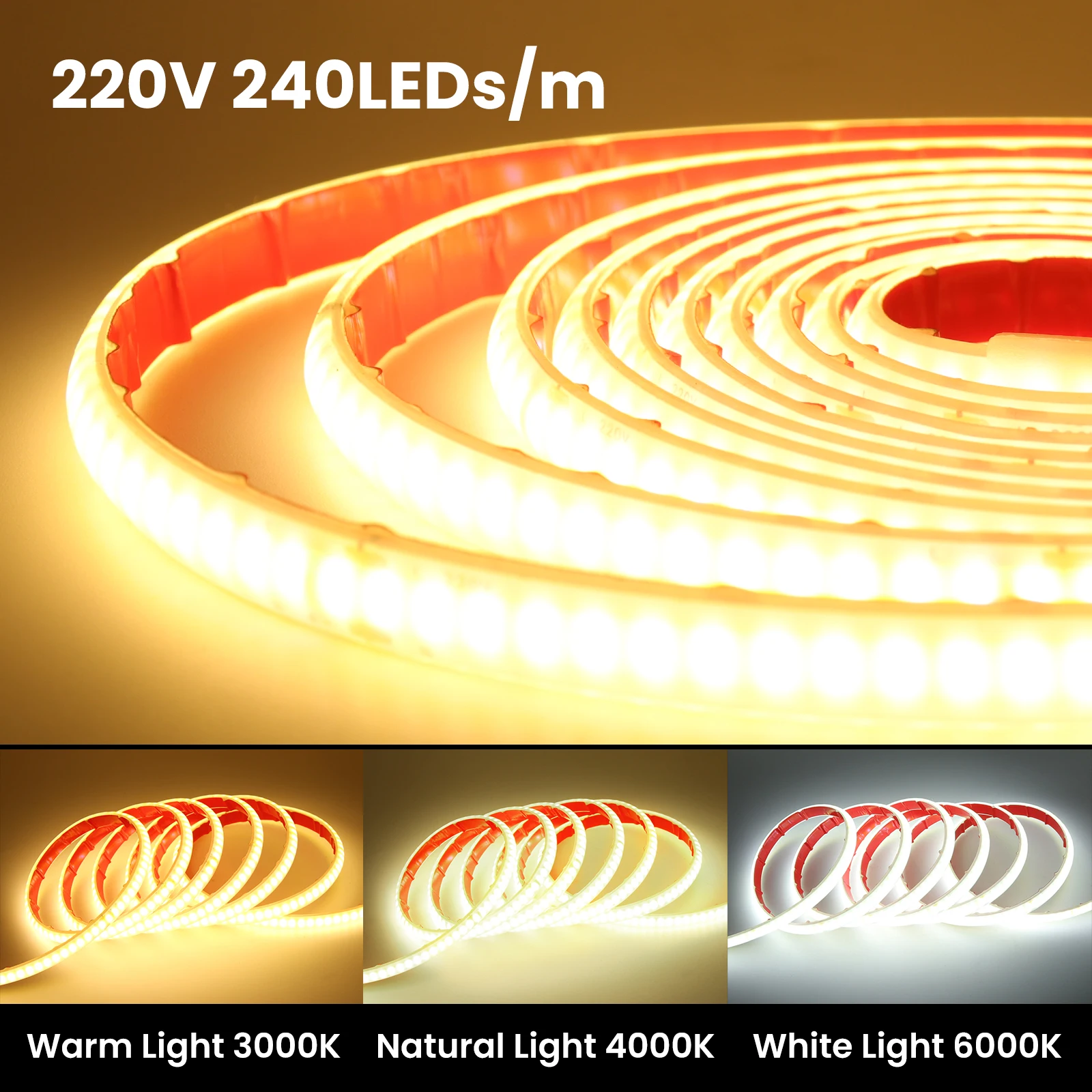 220V COB LED Strip Light Switch EU UK Plug Flexible Tape 240LEDs/M Linear Lighting Kitchen Cabinet Lighting Waterproof Garden