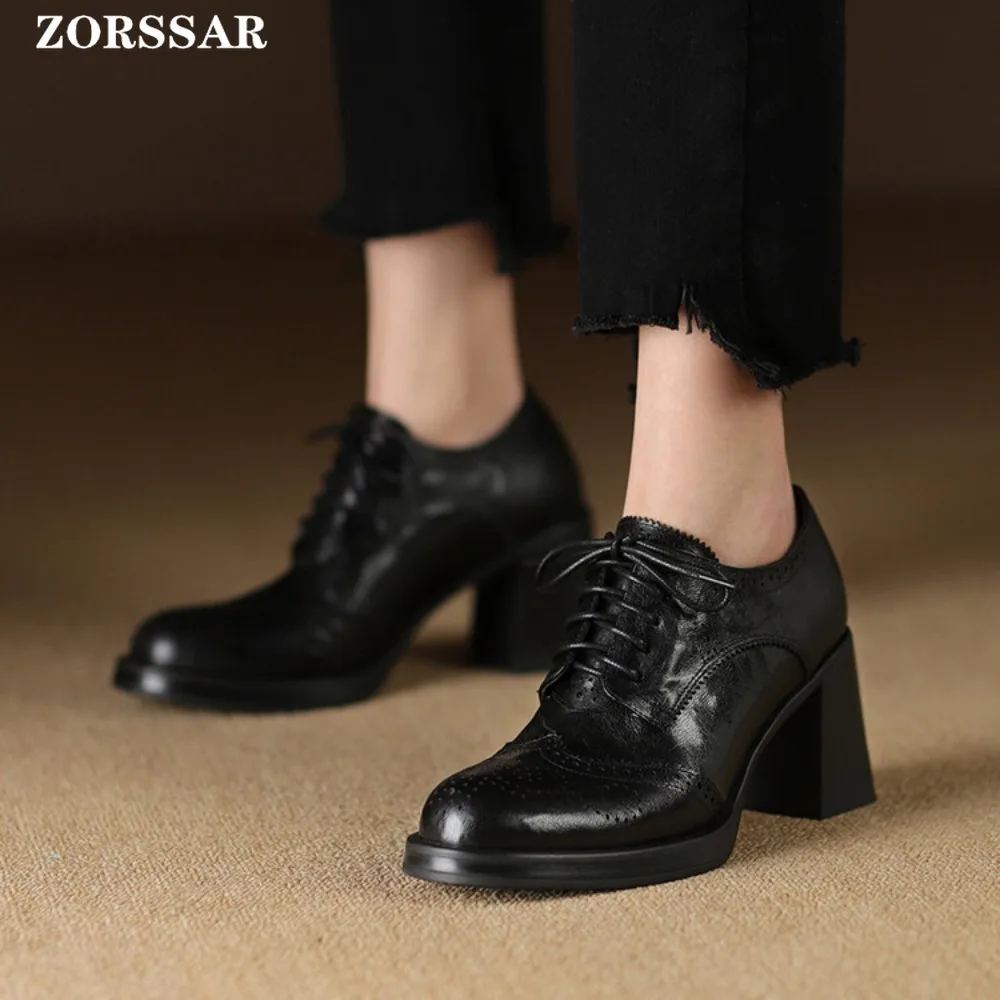 Women\'s Pump Shallow Brogue Shoe Vintage Chunky Heel Cut Out Oxford Shoes Woman Lace Up Female Fashion Elegant Ladies Short Boot