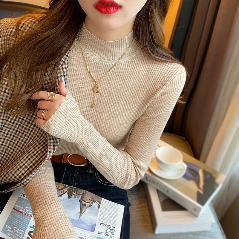 

utumn Winter Mock Neck Pullover Knit Tops Knitwear Women Knitted Bottoming Shirts Female Elastic Casual Skinny Slim Sweaters