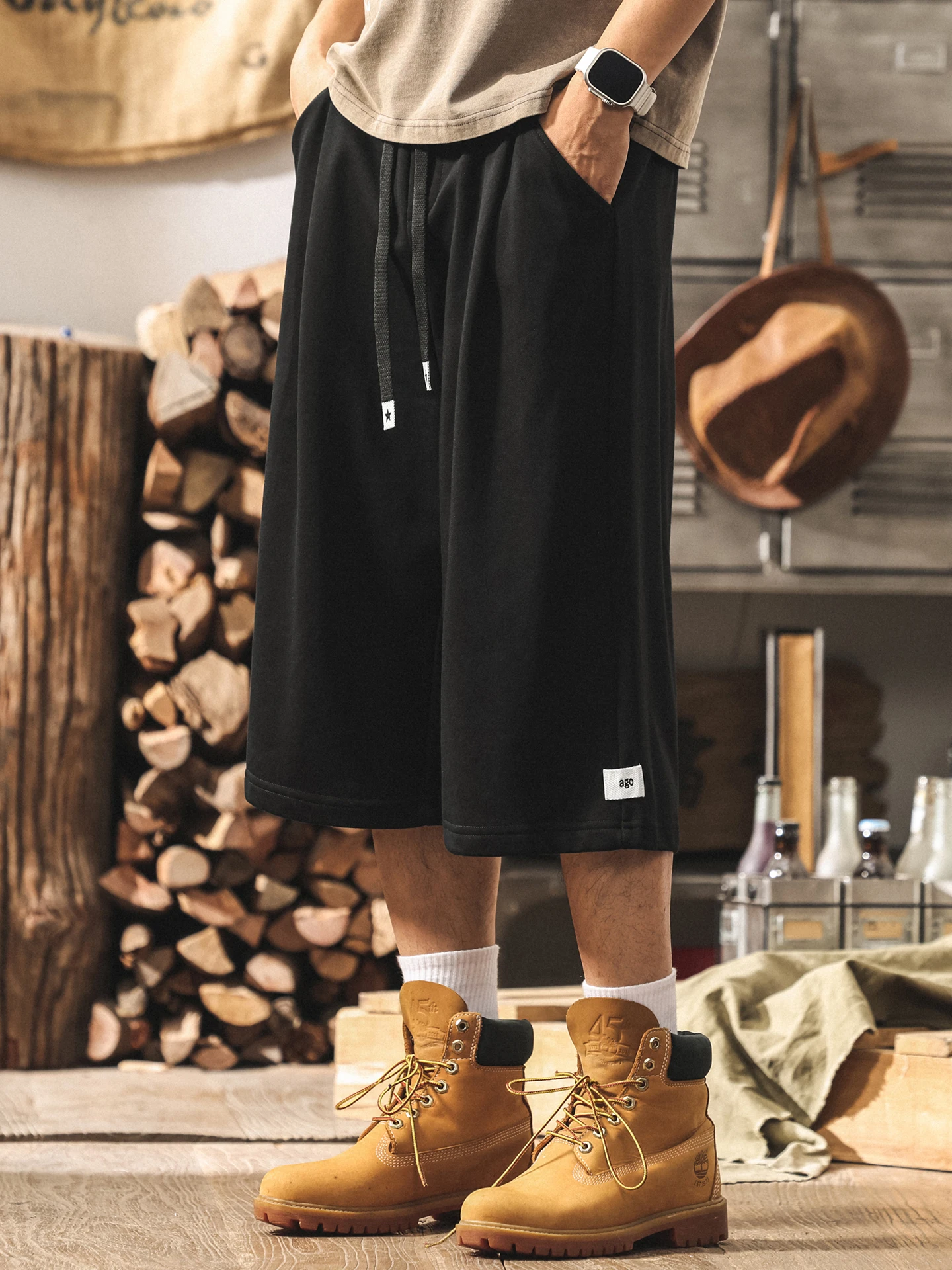 

American Retro Loose Fit Seven-Foot Men's Summer Spor Casual Pants Breathable Straight Leg Loose Elastic Waist Cotton Polye...