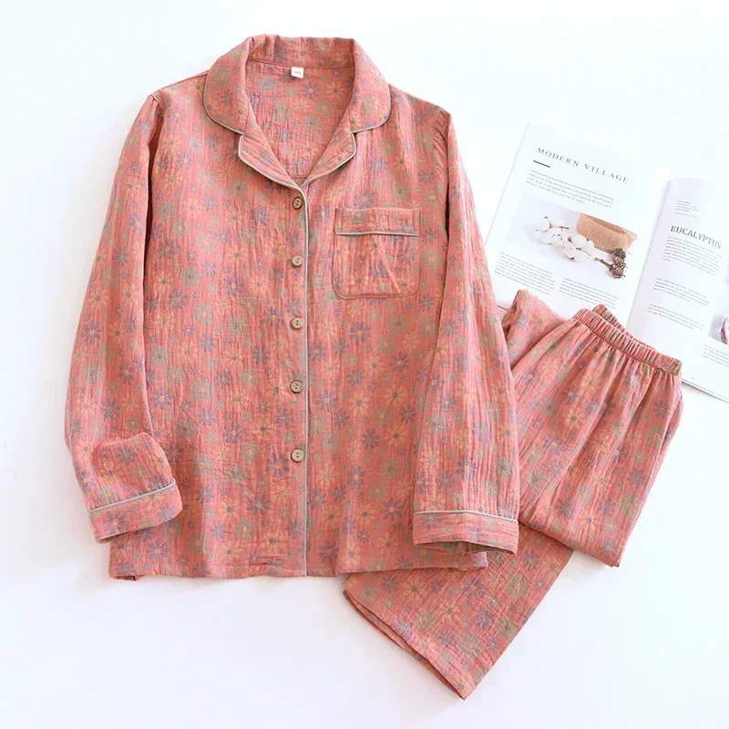Cotton Pajama Sets Women Spring Autumn Sleepwear Two Pieces Long Sleeve Cardigan Pants Print Loungewear High Quality Nightwear
