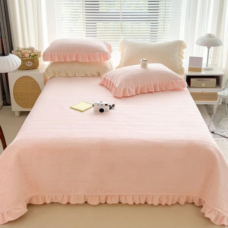 Winter Plush Luxury Bed Sheet Set Home Textiles Korean Simple Solid Colour Double Bedspread Pillowcase 3pcs Queen Bedding Set