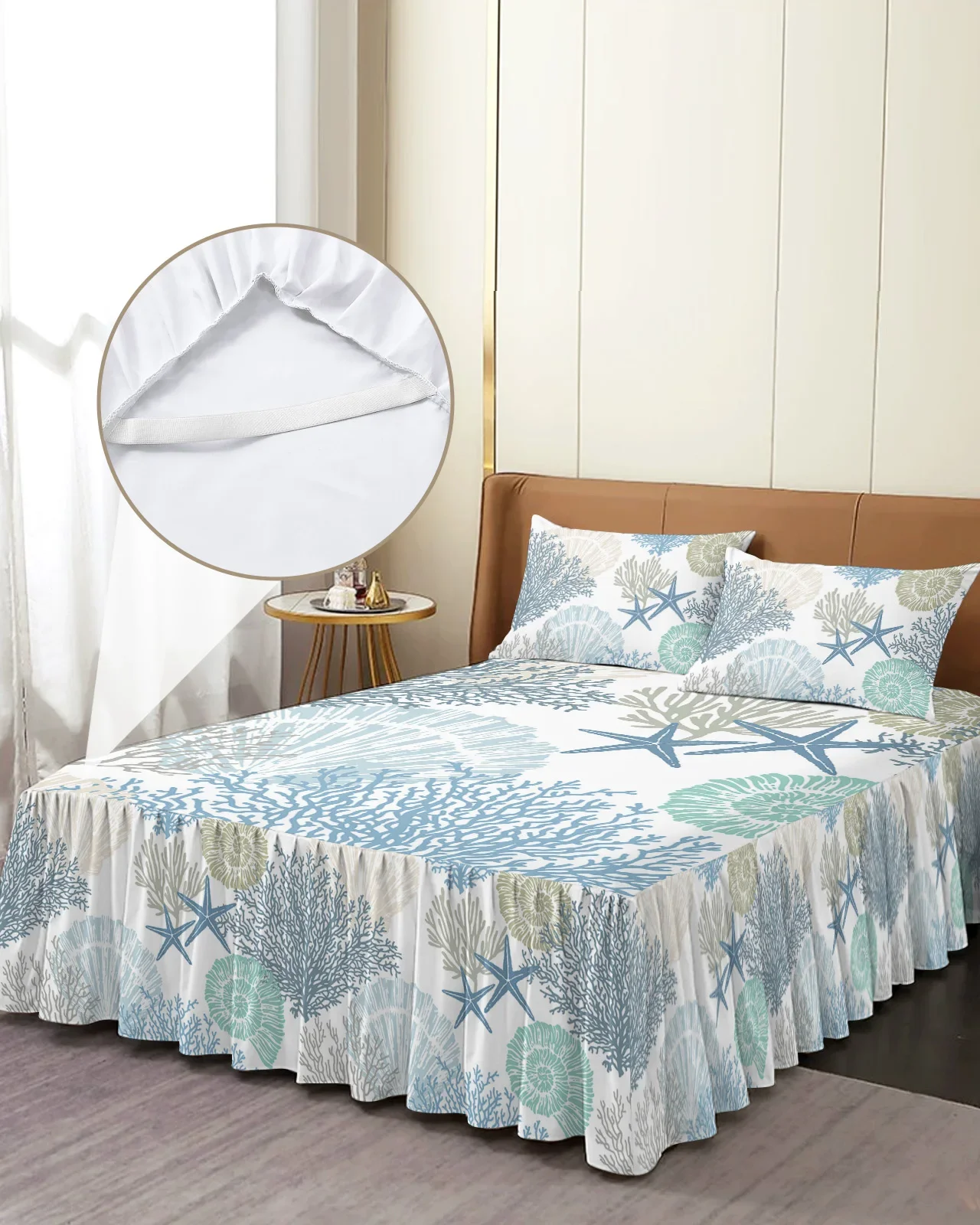 Blue Marine Coral Shells Starfish Bed Skirt Elastic Fitted Bedspread With Pillowcases Mattress Cover Bedding Set Bed Sheet