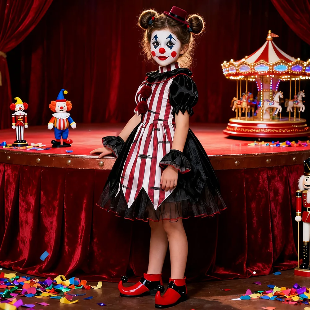 

Halloween Cosplay Costume Circus Clown Black Red Patchwork Irregular Dress Arm Sleeves Hat Set Thrilling Theme Party Outfit Girl