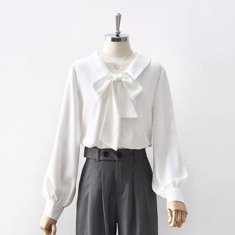 

Chiffon White Women Blouse Summer New Bow Neck Long-Sleeved Loose Office Lady Elegant Outwear Tops