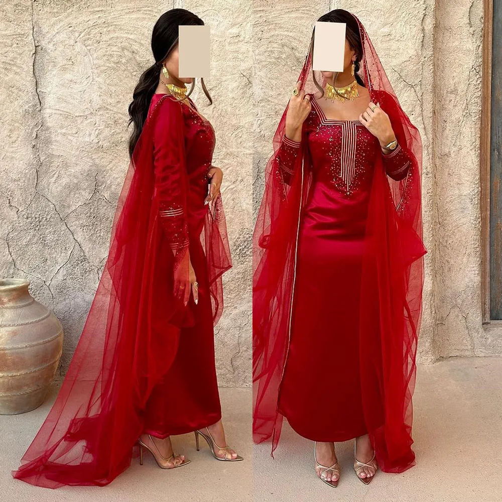 Customized Exquisite Square Neck Long Sleeve Evening Dresses Muslim Clothing Satin Prom Gown Sexy Sheath فساتين السهرة 2023 جديد