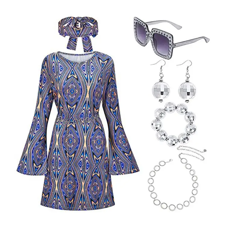 Disfraz de Halloween estilo Hippie Disco, conjunto de dos piezas, vestido Gogo, pañuelo para la cabeza, manga larga, cintura alta, manga acampanada, vestido de noche KTV, PU Mate...