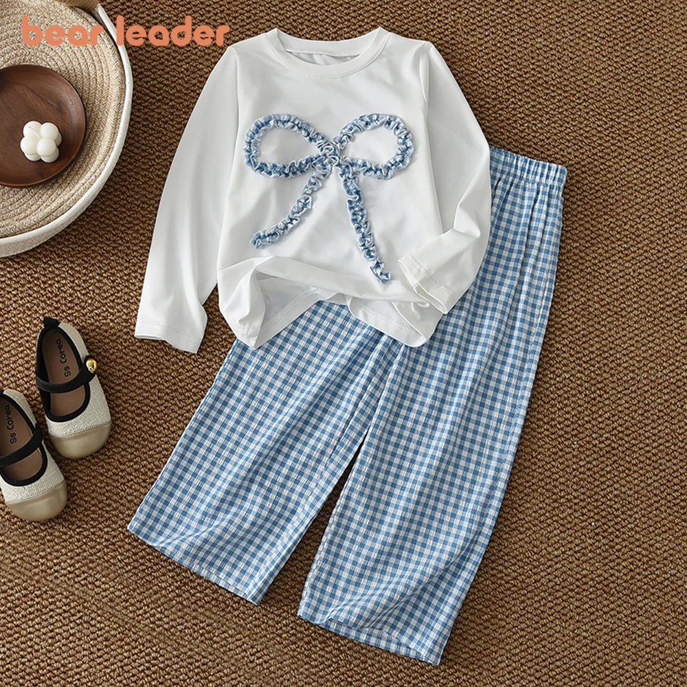 Bear Leader Autumn Blue Girls Clothes Bow Decoration Long Sleeved Top+Checkered Printed Pants Korean Version Children's Clothing