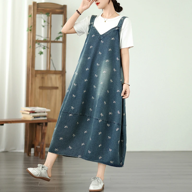 Robe en jean à bretelles pour femmes, sans manches, col en V, ample, décontractée, surdimensionnée, Y2K, Harajuku, avec nœud brodé, poche, robe mi-longue
