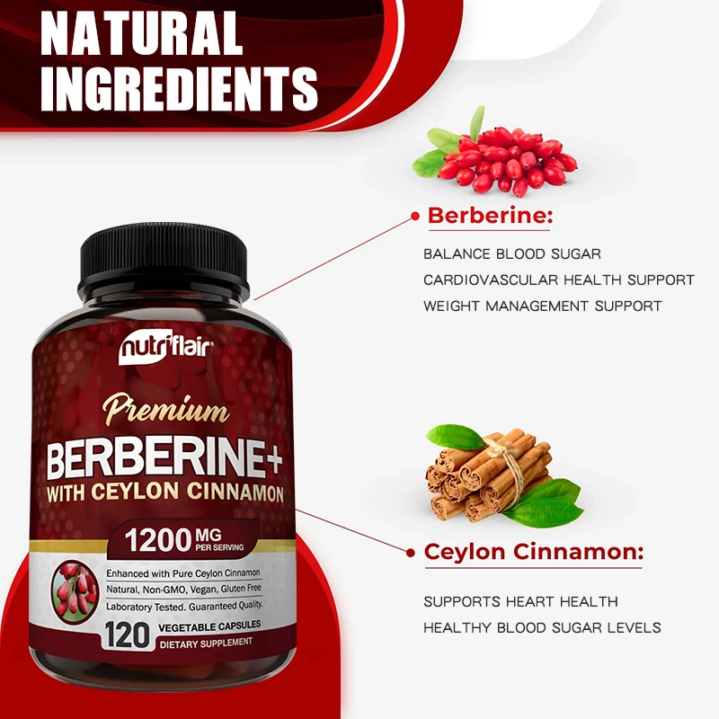 Premium Berberine HCl 1200mg- Ceylon Cinnamon Supplement - Supports Glucose Metabolism, Immune System, Healthy Weight Management