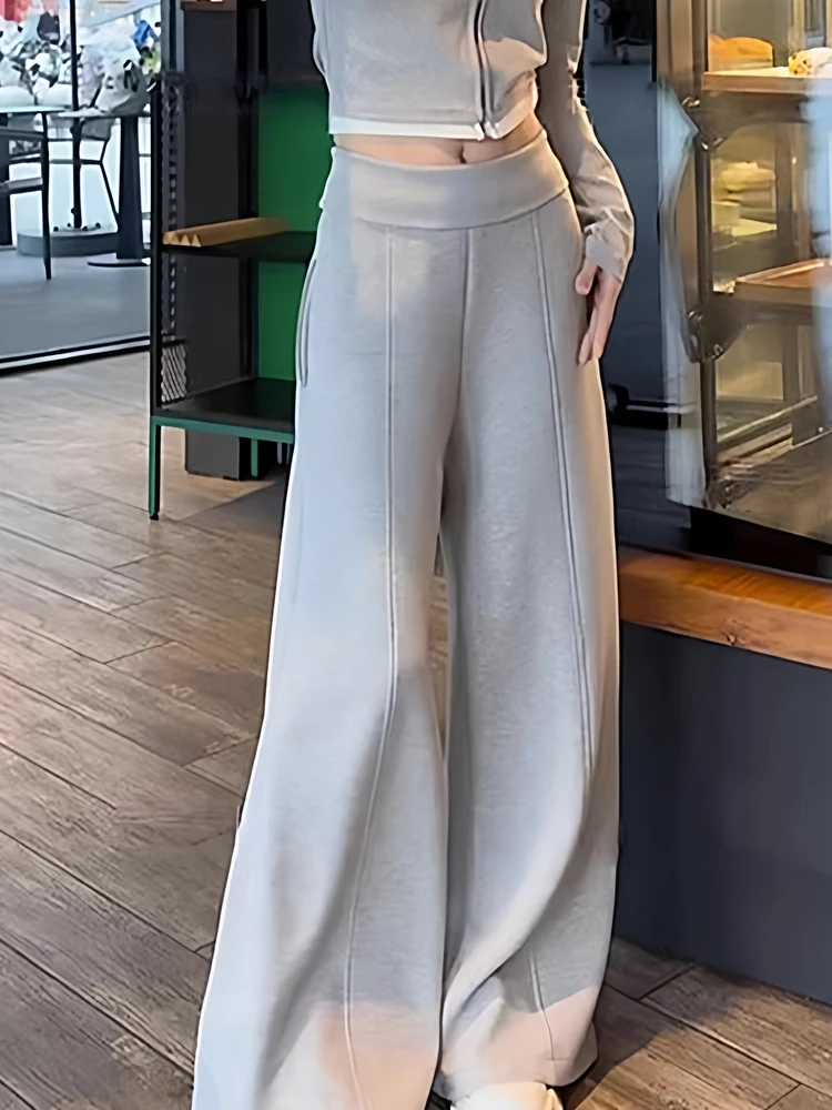 Amerikanischen Sle Hohe Taille ey Casual Hosen frauen Herbst Winter Neue Faion Gerade Bein Spor Lose Bodenlangen Hosen