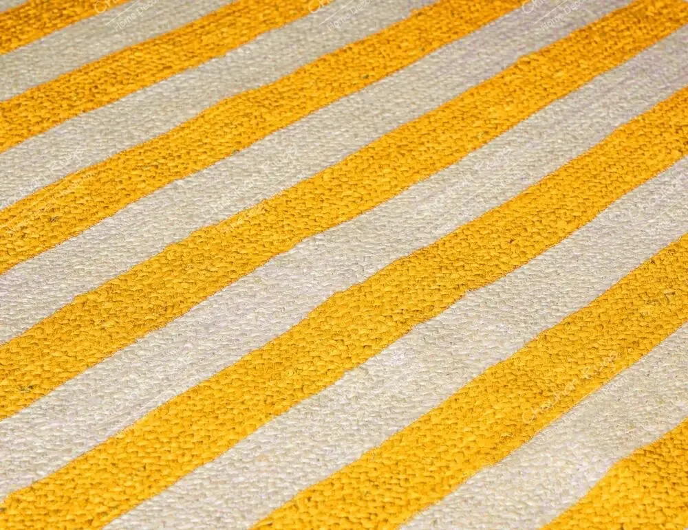 Hand Braided Rectangle Jute Area Rug White Jute Rug with Yellow Striped Line