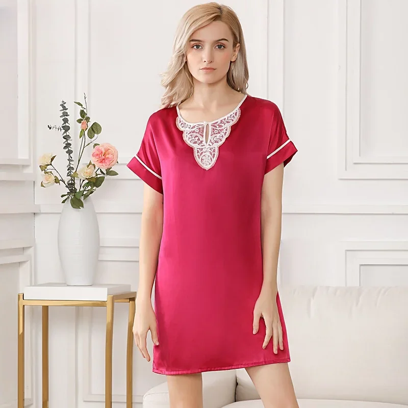 Silk Summer Pajamas One Piece Dress100% Silk Mulberry Chemise Sexy Night Dress Loose Round Neckline Attractive Women's Nightwear