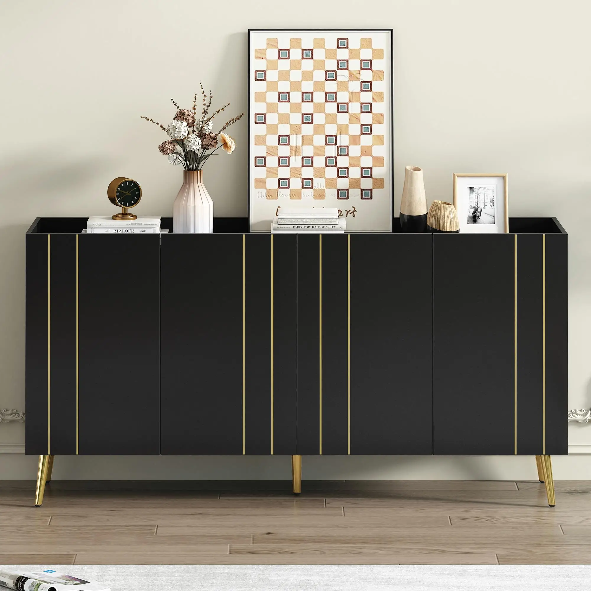 Luxurious Black Shoe Cabinet & Modern TV Stand - 5 Metal Legs, 4 Adjustable Shelves, Gold Line Doors, 62.9”x31.4” for tvs Up to