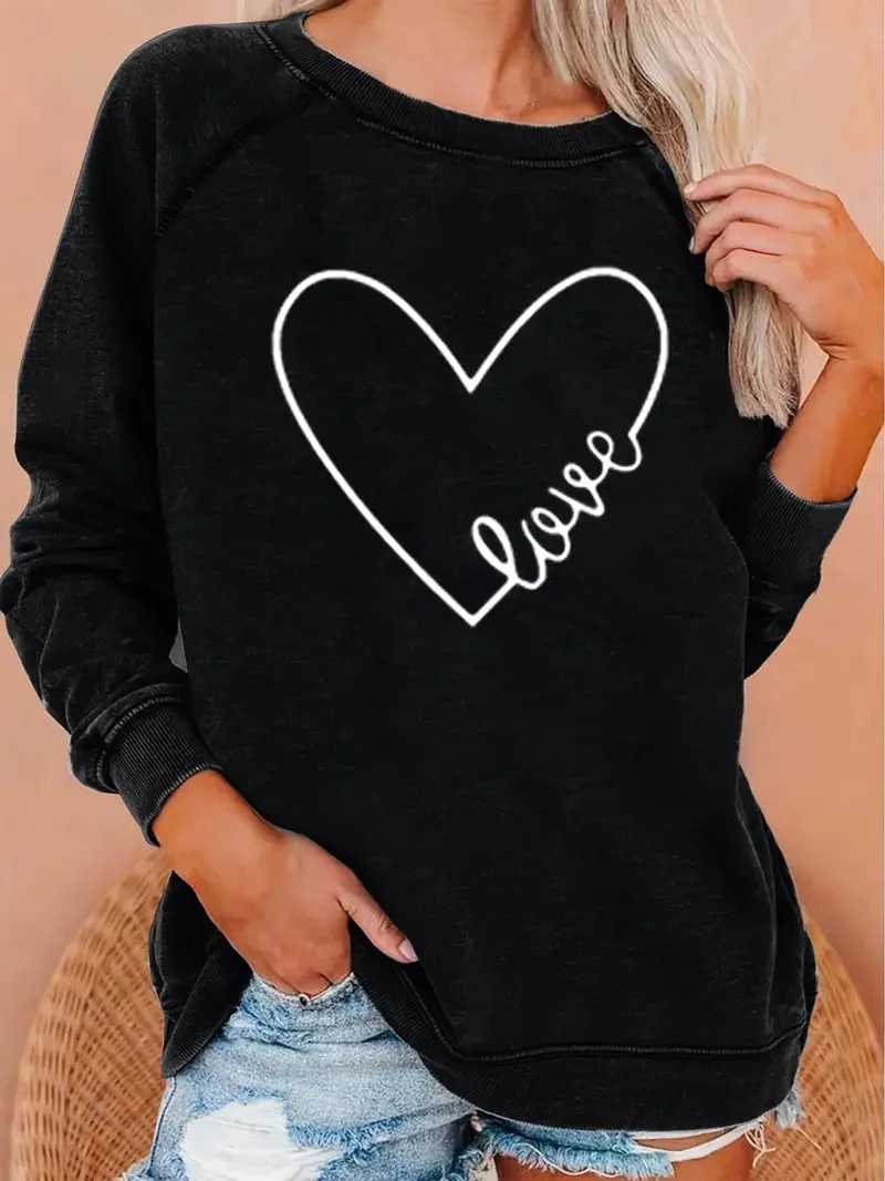 

Valentine's Day Heart Print Sweatshirt, Long Sleeve Crew Neck Pullover Sweatshirt, Casual Tops For Fall ， Women's Clothing
