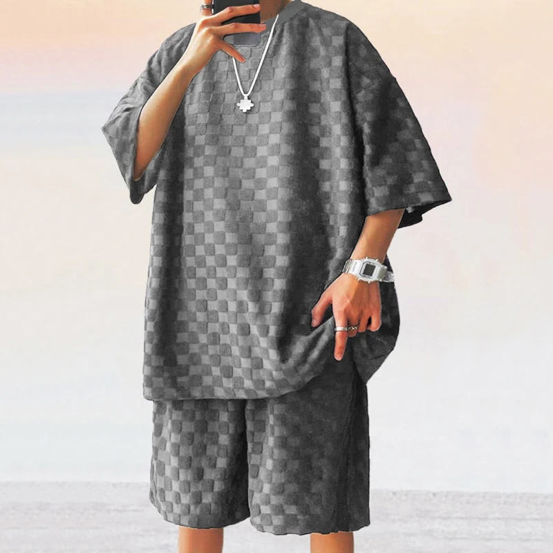 Lightweight Summer Style - Mens 2-piece Textured Outfit Set with Loose Short Sleeve T-Shirt, Drawstring Shorts & Handy Pockets