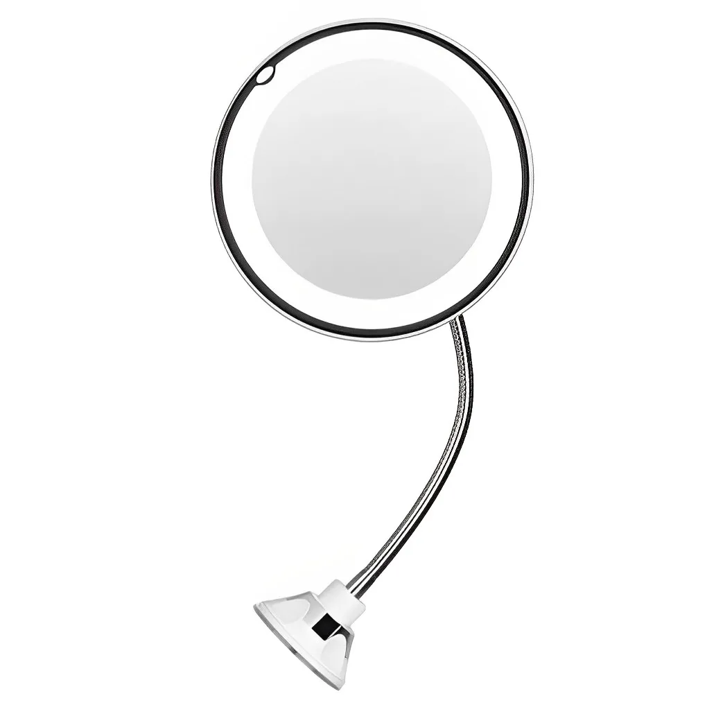 Espejo de maquillaje Flexible de cuello de cisne con luz LED, espejo de aumento de 10X, ventosa, luz brillante difusa y giratoria de 360 grados