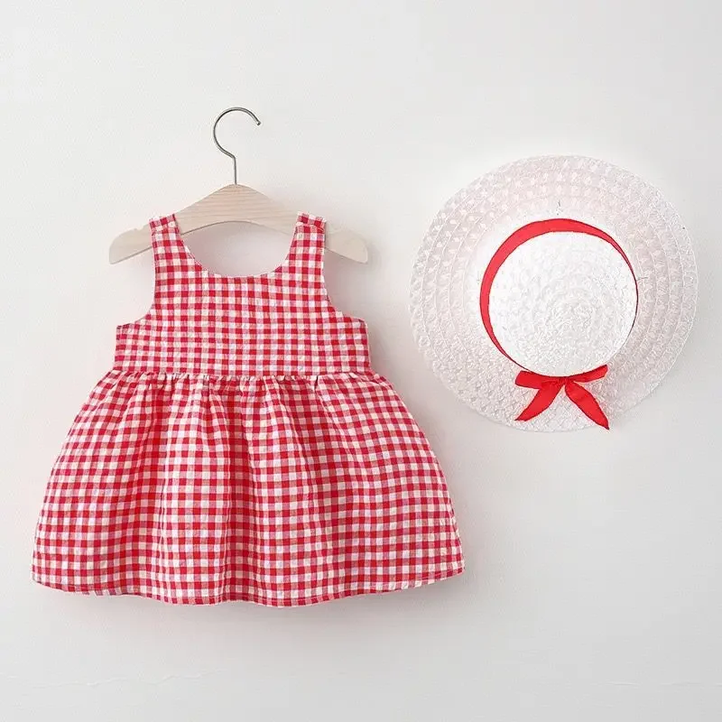 Summer baby girl\'s dress plaid back bow sleeveless lovely everyday skirt with hat