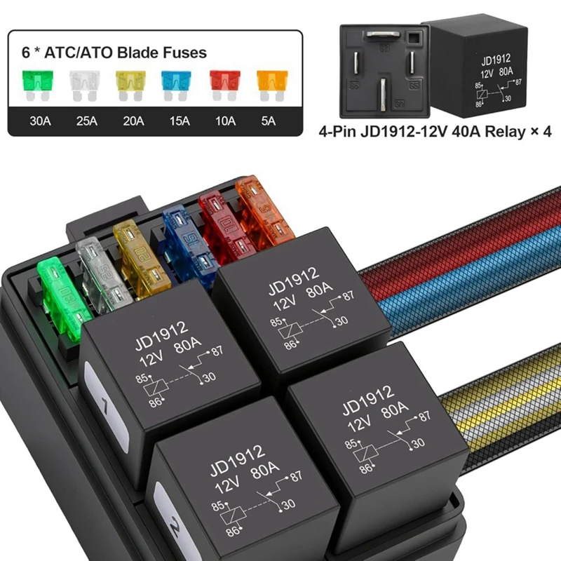 Super Sale 12V Pre-Wired Fuse Relay Box, 4 Relays and 6 ATC/ATO Blade Fuses,4-Pin 40A Relay Block Kit,for Cars Truck Marine Boat