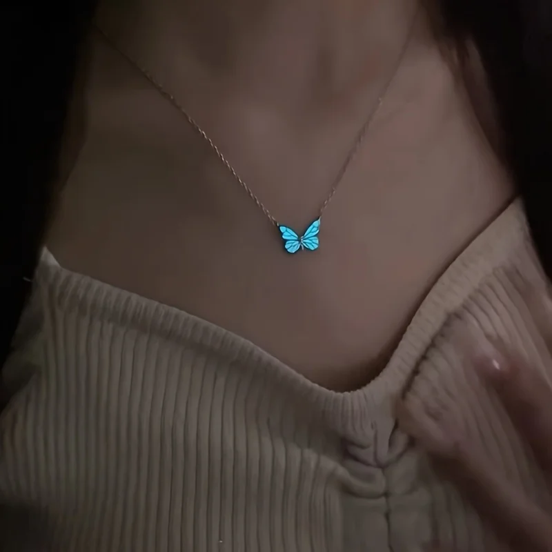 Butterfly lamp necklace female simple light luxury fashion new blue luminous butterfly clavicle chain female