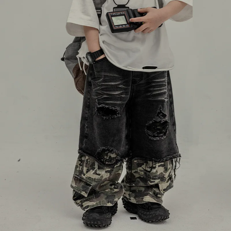 

Children Clothing Kids Casual Boys Jeans 2024 Spring Autumn Pants Camouflage Stitching Fake Two Handsome Fashionable Pants