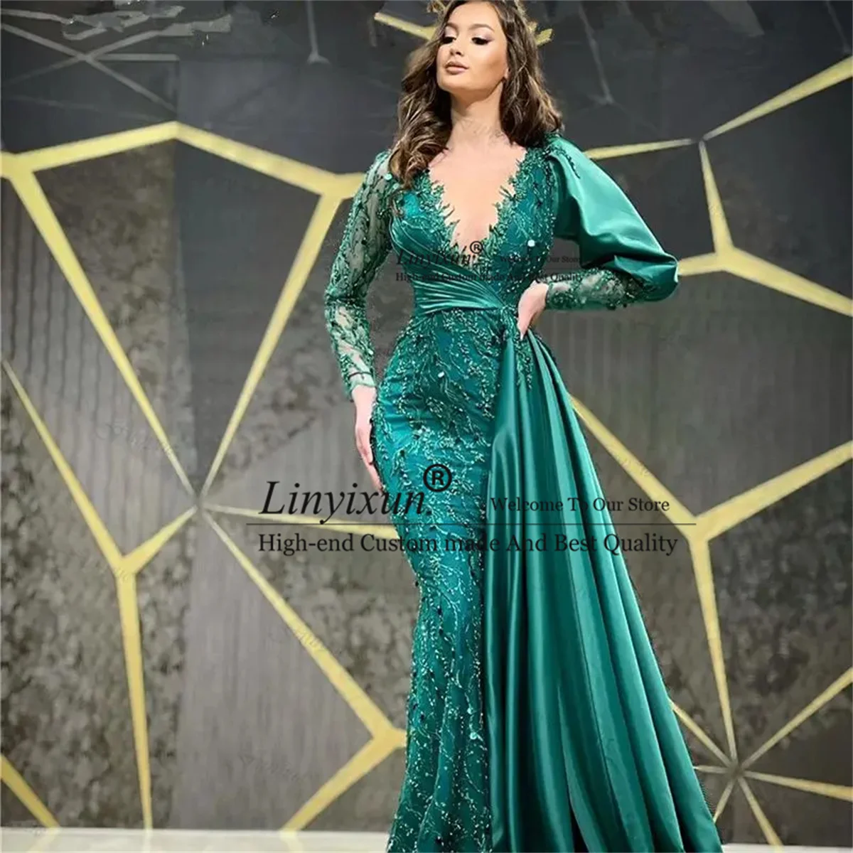 

Green Arabic Prom Dresses Appliques Sequins Dubai Mermaid Evening Gowns Lace Muslim Formal Party Dress Long Vestidos De Gala