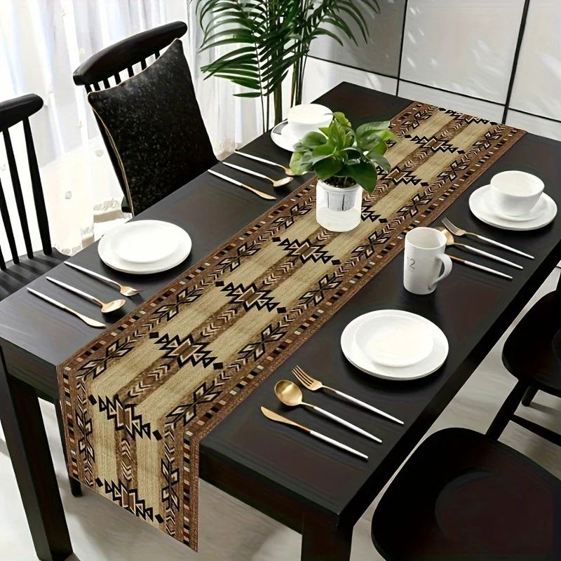 Bohemian Geometric Vintage Plaid Linen Table Runner Dresser Scarf Decor Abstract Geometric Art Table Runners Dining Table Decor