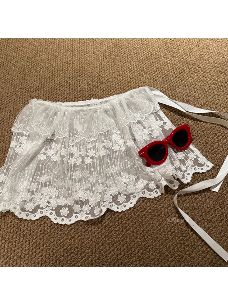 

Кружевная юбка с высокой талией и завязками, женская верхняя одежда, белая многослойная юбка, новое поступление весны и осени